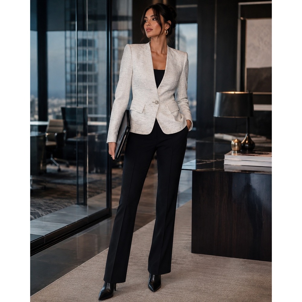 Donna Karan New York Ivory Metallic Tweed Blazer Crystal Button Jacket Sz 8